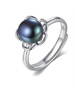 Silver Jewelry Elegant Pearl Flower Design Wholesale Women 925 Sterling Silver Ring - Black