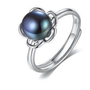 Silver Jewelry Elegant Pearl Flower Design Wholesale Women 925 Sterling Silver Ring - Black