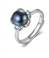 Silver Jewelry Elegant Pearl Flower Design Wholesale Women 925 Sterling Silver Ring - Black