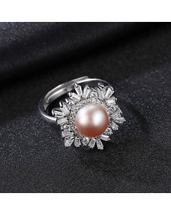 Silver Jewelry Luxurious Cubic Zirconia Pearl Flower Design Wholesale Women 925 Sterling Silver Ring - Purple