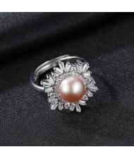 Silver Jewelry Luxurious Cubic Zirconia Pearl Flower Design Wholesale Women 925 Sterling Silver Ring - Purple