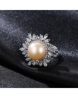 Silver Jewelry Luxurious Cubic Zirconia Pearl Flower Design Wholesale Women 925 Sterling Silver Ring - Pink