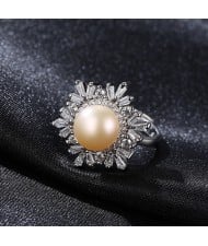 Silver Jewelry Luxurious Cubic Zirconia Pearl Flower Design Wholesale Women 925 Sterling Silver Ring - Pink