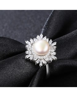 Silver Jewelry Luxurious Cubic Zirconia Pearl Flower Design Wholesale Women 925 Sterling Silver Ring - White