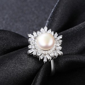 Silver Jewelry Luxurious Cubic Zirconia Pearl Flower Design Wholesale Women 925 Sterling Silver Ring - White