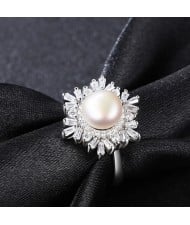 Silver Jewelry Luxurious Cubic Zirconia Pearl Flower Design Wholesale Women 925 Sterling Silver Ring - White