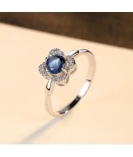 Silver Jewelry Luxurious Blue Gem Flower Design Wholesale Women 925 Sterling Silver Ring