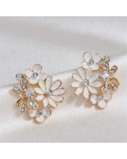 Shining Rhinestone Embellished Dragonfly and Flowers Korean Fashion Wholesale Stud Earrings - White
