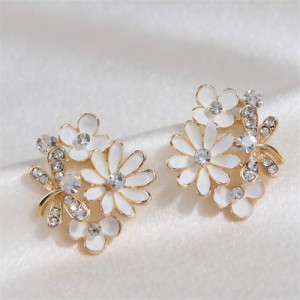 Shining Rhinestone Embellished Dragonfly and Flowers Korean Fashion Wholesale Stud Earrings - White