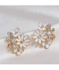 Shining Rhinestone Embellished Dragonfly and Flowers Korean Fashion Wholesale Stud Earrings - White