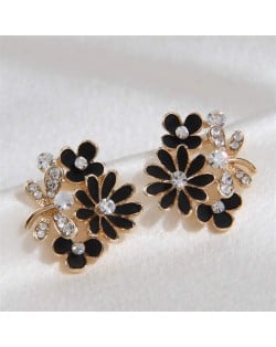 Shining Rhinestone Embellished Dragonfly and Flowers Korean Fashion Wholesale Stud Earrings - Black
