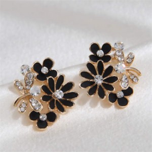 Shining Rhinestone Embellished Dragonfly and Flowers Korean Fashion Wholesale Stud Earrings - Black