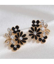 Shining Rhinestone Embellished Dragonfly and Flowers Korean Fashion Wholesale Stud Earrings - Black
