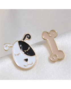 Oil-spot Glazed Dog and Bone Asymmetrical Korean Cartoon Fashion Wholesale Stud Earrings - Black and White