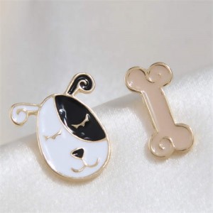 Oil-spot Glazed Dog and Bone Asymmetrical Korean Cartoon Fashion Wholesale Stud Earrings - Black and White