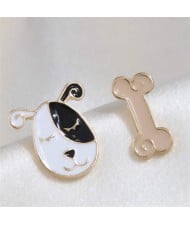 Oil-spot Glazed Dog and Bone Asymmetrical Korean Cartoon Fashion Wholesale Stud Earrings - Black and White
