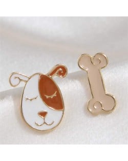 Oil-spot Glazed Dog and Bone Asymmetrical Korean Cartoon Fashion Wholesale Stud Earrings - Coffee and White