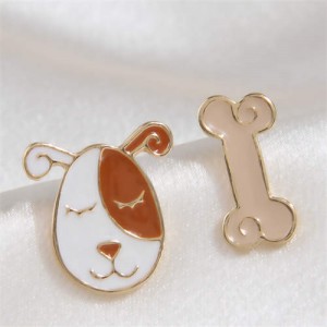 Oil-spot Glazed Dog and Bone Asymmetrical Korean Cartoon Fashion Wholesale Stud Earrings - Coffee and White
