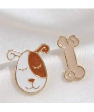 Oil-spot Glazed Dog and Bone Asymmetrical Korean Cartoon Fashion Wholesale Stud Earrings - Coffee and White