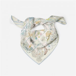 53*53 cm French Style  Animal and Flowers Pattern Fashion Wholesale Women Shawl Square Silk Scarf - White