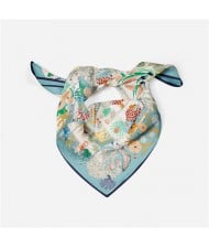 53*53 cm French Style  Animal and Flowers Pattern Fashion Wholesale Women Shawl Square Silk Scarf - Green