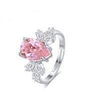 Fine Jewelry Wholesale Luxury Drop Shape Pink Stone Open End Ring Women 925 Sterling Silver Ring