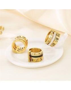 (3 Colors Available) U.S. Fashion Hollow-out Roman Alphabet Wide Plate Design Stainless Steel Ring