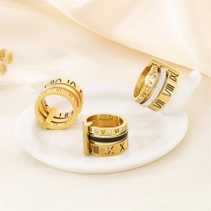 (3 Colors Available) U.S. Fashion Hollow-out Roman Alphabet Wide Plate Design Stainless Steel Ring