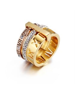 U.S. Fashion Hollow-out Roman Alphabet Wide Plate Design Stainless Steel Ring - Rose Gold with Golden