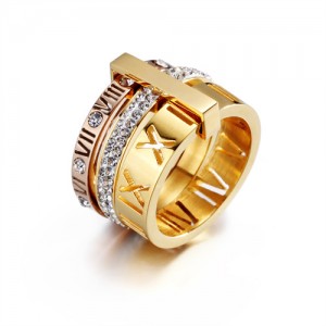 U.S. Fashion Hollow-out Roman Alphabet Wide Plate Design Stainless Steel Ring - Rose Gold with Golden