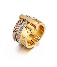 U.S. Fashion Hollow-out Roman Alphabet Wide Plate Design Stainless Steel Ring - Rose Gold with Golden