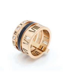 U.S. Fashion Hollow-out Roman Alphabet Wide Plate Design Stainless Steel Ring - Rose Gold with Black