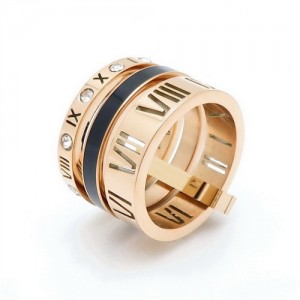 U.S. Fashion Hollow-out Roman Alphabet Wide Plate Design Stainless Steel Ring - Rose Gold with Black