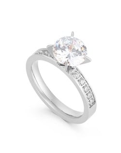 Simple Classic Four Claws Design Cubic Zirconia Women Wedding Stainless Steel Ring - Silver