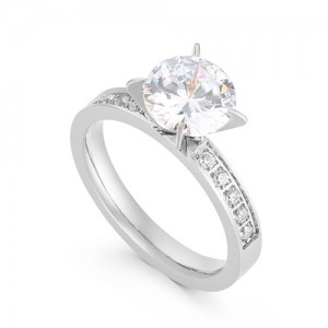 Simple Classic Four Claws Design Cubic Zirconia Women Wedding Stainless Steel Ring - Silver