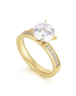 Simple Classic Four Claws Design Cubic Zirconia Women Wedding Stainless Steel Ring - Golden
