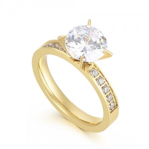 Simple Classic Four Claws Design Cubic Zirconia Women Wedding Stainless Steel Ring - Golden