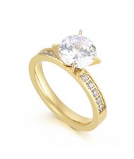 Simple Classic Four Claws Design Cubic Zirconia Women Wedding Stainless Steel Ring - Golden