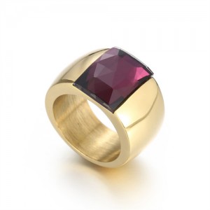 Fashion Exaggerated Wide Square Surface Design Golden Man or Womem Stainless Steel Ring - Purple