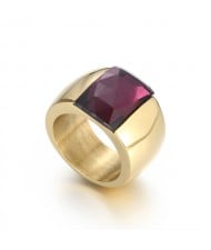 Fashion Exaggerated Wide Square Surface Design Golden Man or Womem Stainless Steel Ring - Purple