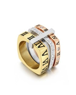 U.S. Fashion Unique Square Roman Numeral Design Wholesale Man or Womem Stainless Steel Ring - Colour Mixture