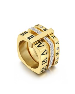 U.S. Fashion Unique Square Roman Numeral Design Wholesale Man or Womem Stainless Steel Ring - Golden