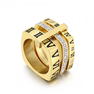 U.S. Fashion Unique Square Roman Numeral Design Wholesale Man or Womem Stainless Steel Ring - Golden