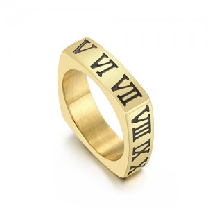 U.S. Fashion Roman Numeral Square Thin Design Wholesale Man or Womem Stainless Steel Ring - Golden