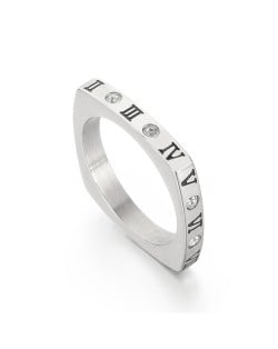 Fashion Rhinestone Roman Numeral Square Thin Design Wholesale Man or Womem Stainless Steel Ring - Silver