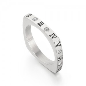 Fashion Rhinestone Roman Numeral Square Thin Design Wholesale Man or Womem Stainless Steel Ring - Silver