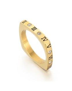 Fashion Rhinestone Roman Numeral Square Thin Design Wholesale Man or Womem Stainless Steel Ring - Golden