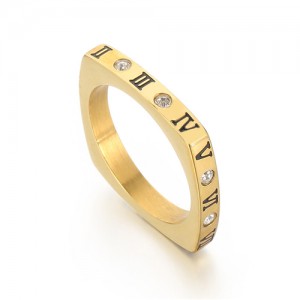 Fashion Rhinestone Roman Numeral Square Thin Design Wholesale Man or Womem Stainless Steel Ring - Golden