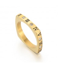 Fashion Rhinestone Roman Numeral Square Thin Design Wholesale Man or Womem Stainless Steel Ring - Golden
