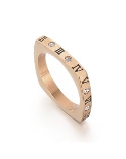 Fashion Rhinestone Roman Numeral Square Thin Design Wholesale Man or Womem Stainless Steel Ring - Rose Gold